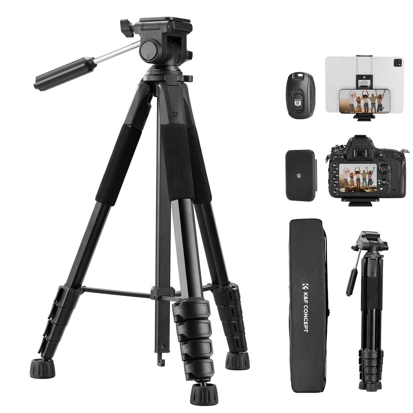 K&F CONCEPT 75" Lightweight Tripod, Camera Compact Tripod with Remote and 2-in-1 Phone Holder,Travel Phone Tripod with Removable 3-Way Pan Head for Selfie/Video Recording/Photo/Live Stream/Vlog