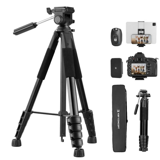 K&F CONCEPT 75" Lightweight Tripod, Camera Compact Tripod with Remote and 2-in-1 Phone Holder,Travel Phone Tripod with Removable 3-Way Pan Head for Selfie/Video Recording/Photo/Live Stream/Vlog