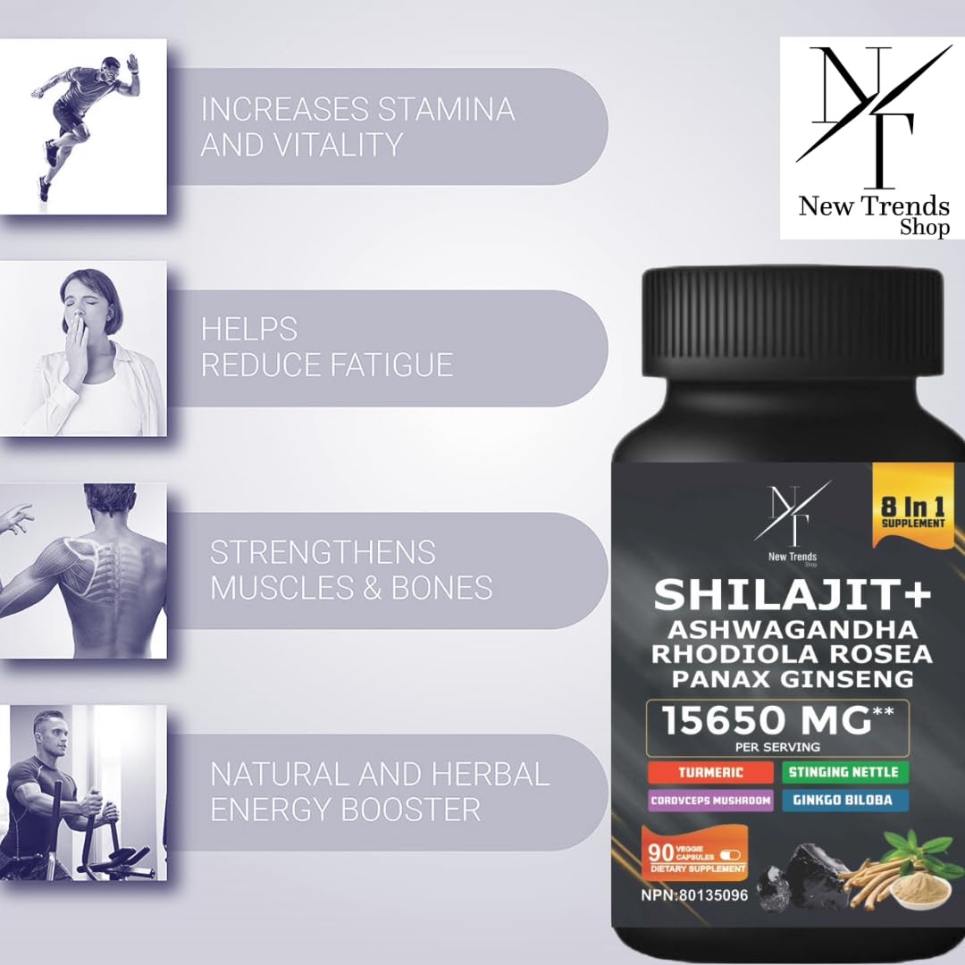 8-in-1 Shilajit Himalayan Organic Supplement with Shilajit 9000, Ashwagandha 2000MG, Rhodiola Rosea 1000MG, Panax Ginseng 1500MG, Cordyceps Mushroom 500MG, Gingko Biloba 500MG, Stinging Nettle 250MG, Turmeric (15,250 MG - 90 Caps) - Available at All In One Marketplace Canada