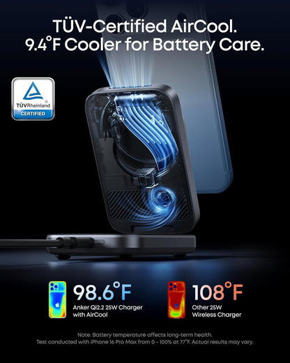 Anker Prime 3-in-1 Charging Station, AirCool Wireless Charger, 25W Qi2.2-Certified Palm-Sized Foldable MagSafe Charger Compatible with iPhone 17, Apple Watch, AirPods (Non-Battery, with Adapter)