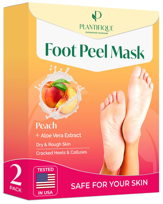 PLANTIFIQUE Foot Peel Mask Dermatologically Tested - 2 Pairs Peach Exfoliating Mask for Dry Cracked Feet - Masque Pied Peeling - Foot Care for Soft Baby Feet - Available at All In One Marketplace Canada