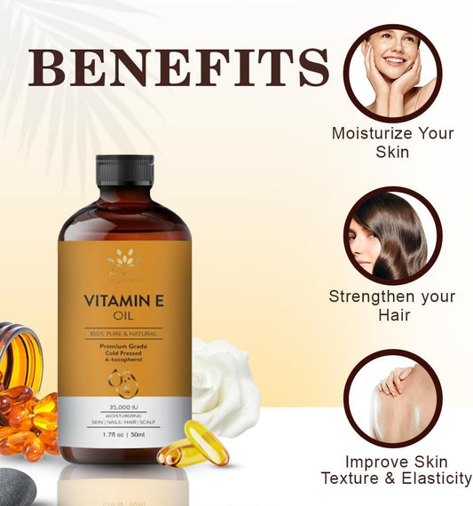 AVD Organics Vitamin E Oil for Hair | For Skin & Scars – 35,000 IU (50ML) | 100% Pure Cold-Pressed Tocopherol – Vitamin E Oil for Hair, Face, Body, Nails – 1.7 fl oz