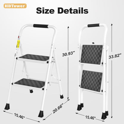 HBTower 2 Step Ladder, 2 Step Stool for Adults, Folding Step Stool with Cushioned Handle, 330 lbs/150 kg Capacity, Step Ladder with Wide Anti-Slip Pedal Ergonomic Design White