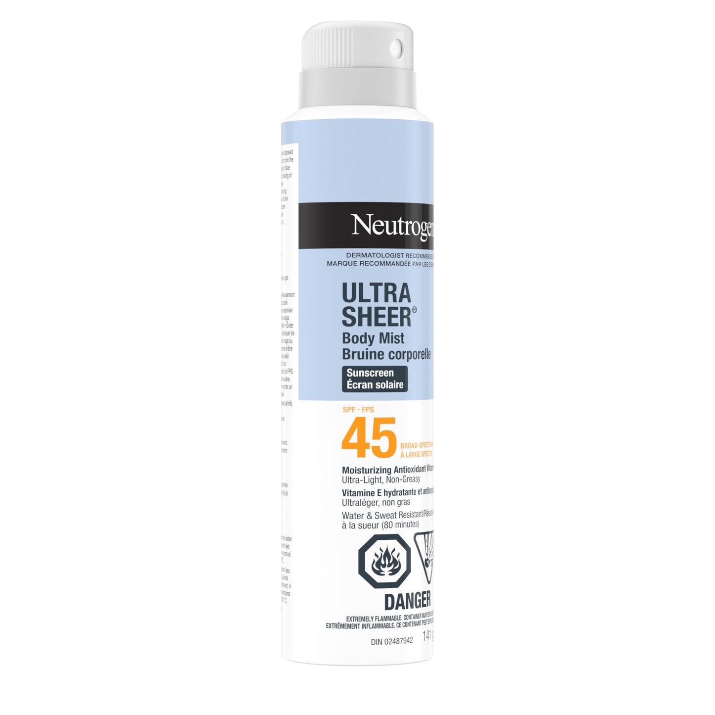 Neutrogena Ultra Sheer Body Mist Sunscreen Spray SPF 45 for UVA/UVB Broad Spectrum Sun Protection, Lightweight, Water-Resistant, Oil-Free & Non-Comedogenic, Oxybenzone-free, 141g