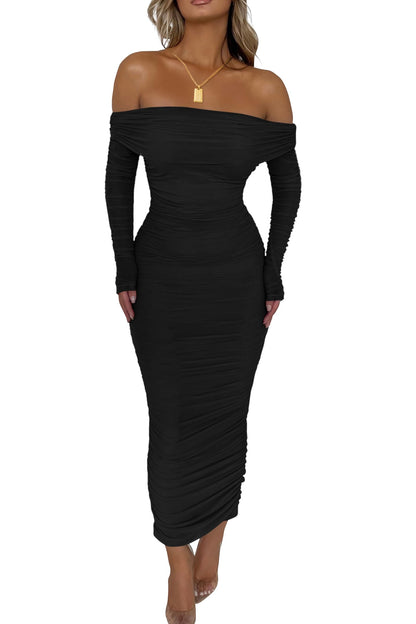 PRETTYGARDEN Women's Off the Shoulder Maxi Bodycon Dress Black,M 🍁 All In One Marketplace Canada