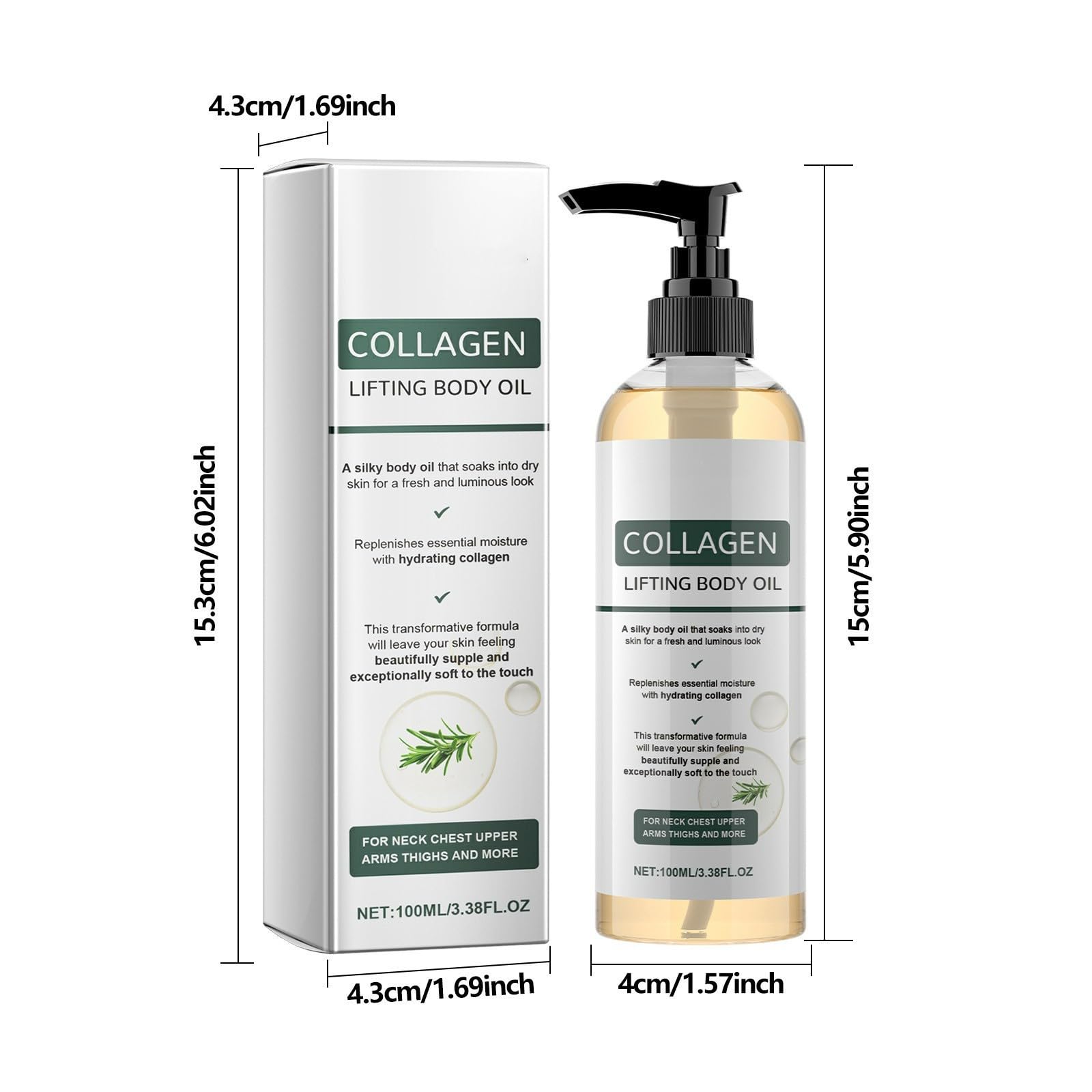 Collagen Lifting Body Oil with Vitamin E & Rosemary - Firming & Tightening Oil for Neck, Chest, Arms, Thighs - Hydrating Formula for Silky, Fresh, Luminous, and Supple Skin - 100ml (2PC) - Available at All In One Marketplace Canada