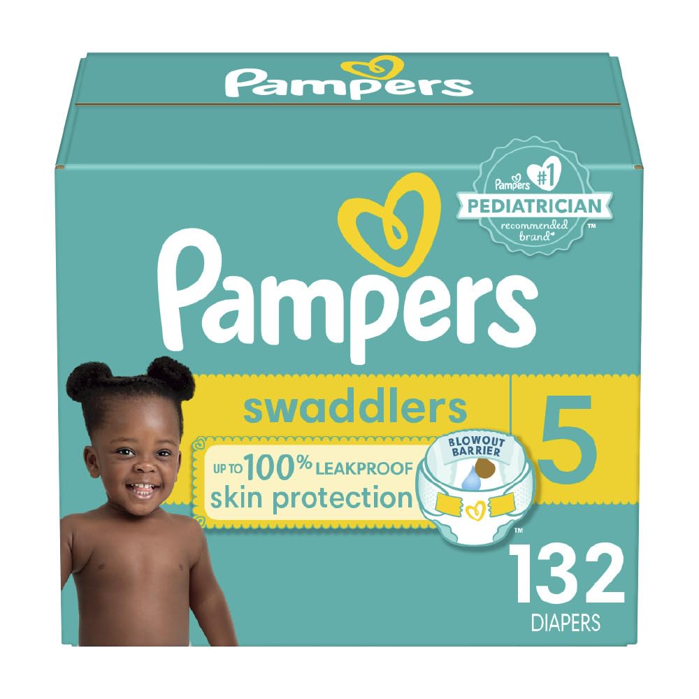 Pampers Swaddlers Diapers, Size 5, Absorbent, Keeps Baby Dry and Comfortable, Skin Safe Disposable Baby Diaper, 1 Pack (Count of 132)