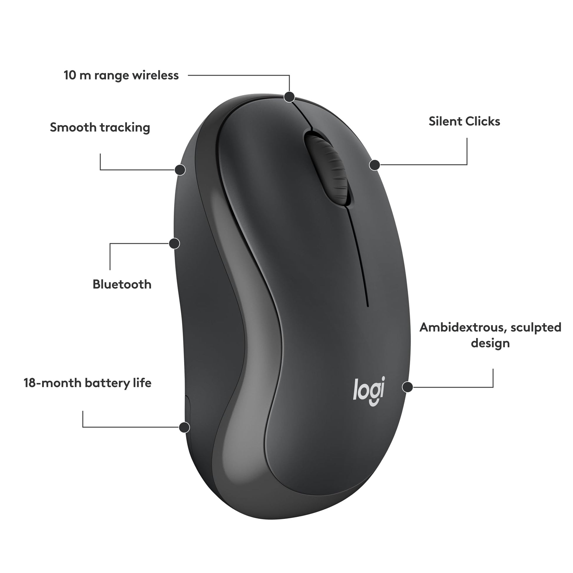 Logitech M240 Silent Bluetooth Mouse, Wireless, Compact, Portable, Smooth Tracking, 18-Month Battery, for Windows, macOS, ChromeOS, Compatible with PC, Mac, Laptop, Tablets - Graphite - Available at All In One Marketplace Canada