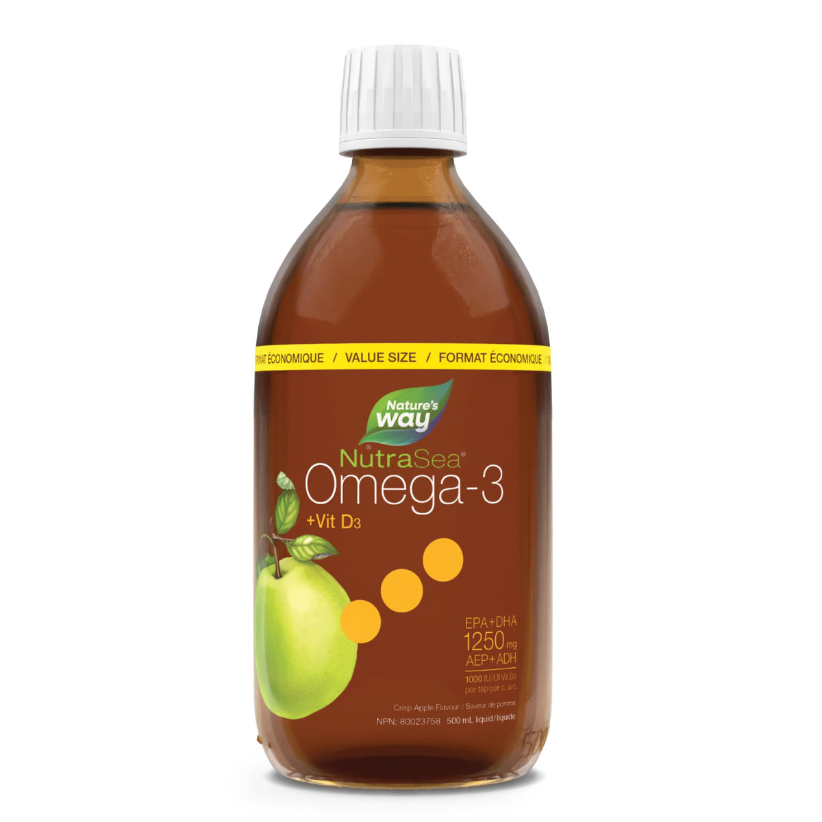 Nature's Way NutraSea Omega 3 + Vitamin D Fish Oil Liquid Supplement – Crisp Apple Flavour, Value Size – Heart, Brain, Bone & Immune Support – EPA & DHA + 1000IU D3, 500 mL