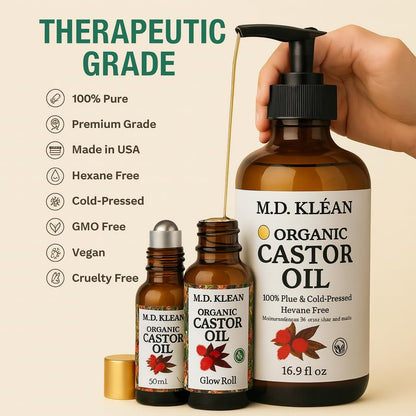 M.D. KLEAN Castor Oil - Cold Pressed, Unrefined (560 ml) Amber Glass Bottles | BPA Free Pump inc | Hexane Free| Lab Tested, Skin Moisturizer, Enhance Collagen | Holiday Gift 🍁 All In One Marketplace Canada