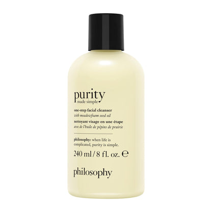 philosophy purity made simple one-step facial cleanser, gentle, respects skin's barrier, skin is soft, conditionned & fresh, removes make-up,240ml