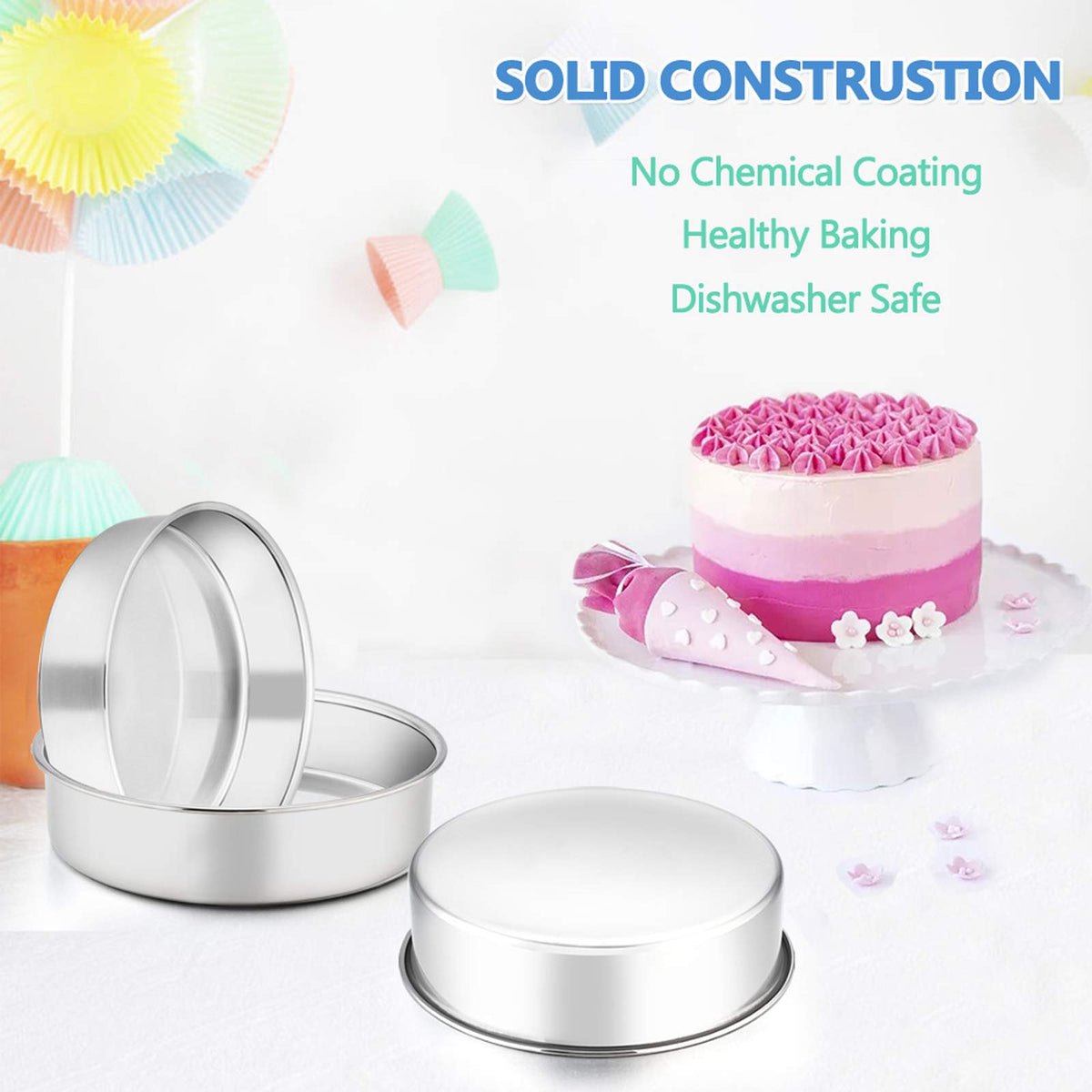 6 Inch Cake Pan Set of 2, E-far Stainless Steel Round Smash Cake Baking Pans, Non-Toxic & Healthy, Mirror Finish & Dishwasher Safe 🍁 All In One Marketplace Canada