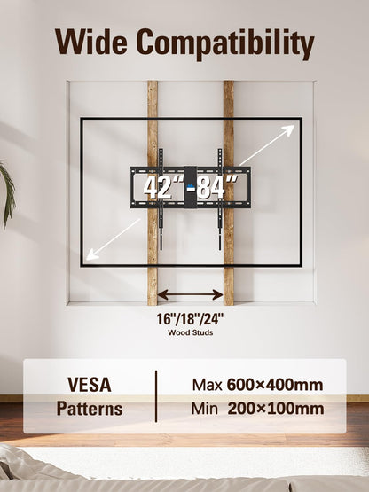 Mounting Dream Fixed TV Mount Low Profile for Most of 42-84 Inches TV Low Profile TV Wall Mount fits 16" 18" 24" Wood Studs up to VESA 600 x 400mm and 132 LBS, Ultra Slim and Space Saving MD2163-K