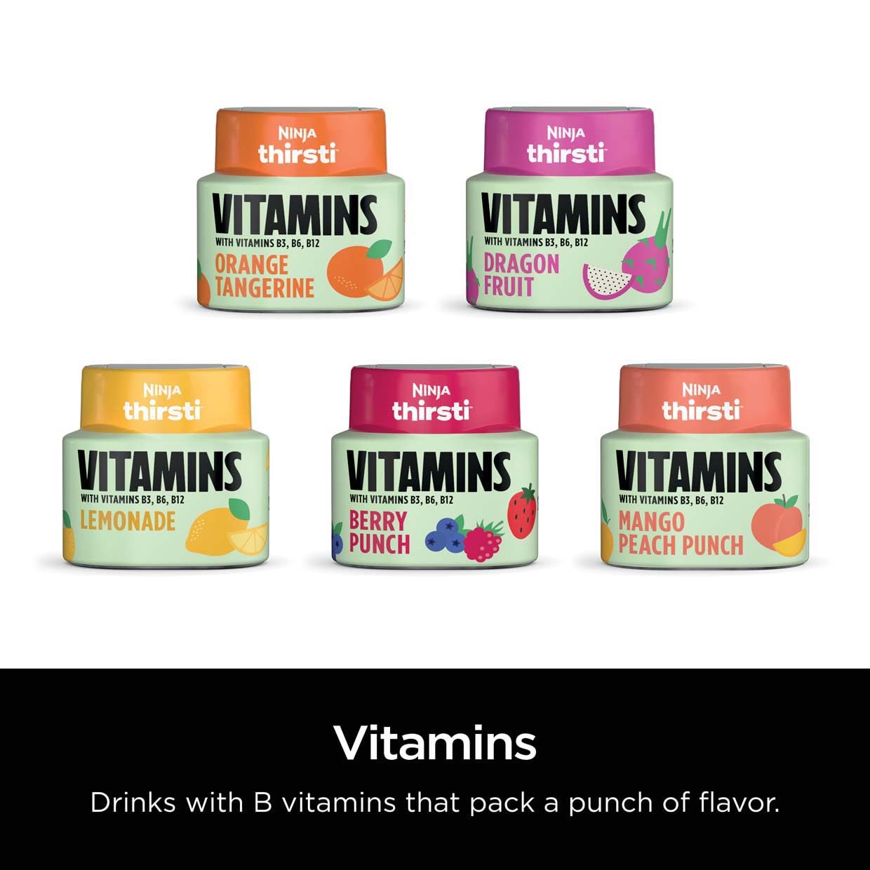 Ninja Thirsti VITAMINS Lemonade Flavoured Water Drops with Vitamins B3, B6, B12 and 0 calories*, 0 sugar* (*per 12oz classic serving) . Turn water into refreshing fruit-flavoured sparkling or still drinks with Ninja Thirsti Vitamins Flavoured Water Drops, Ninja