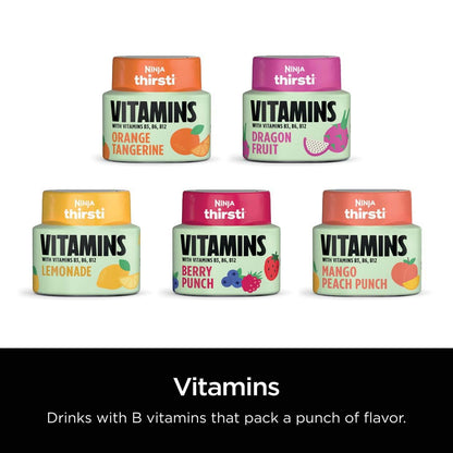Ninja Thirsti VITAMINS Lemonade Flavoured Water Drops with Vitamins B3, B6, B12 and 0 calories*, 0 sugar* (*per 12oz classic serving) . Turn water into refreshing fruit-flavoured sparkling or still drinks with Ninja Thirsti Vitamins Flavoured Water Drops, Ninja