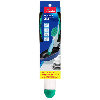 Vileda Scrunge Multi-Use Dishwand with 1 Extra Refill | Non-Scratch Dish Brush | Replaceable Scrubbing Sponge Head