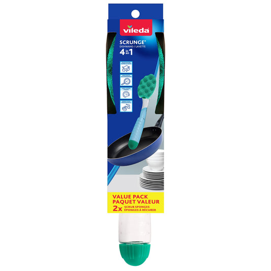 Vileda Scrunge Multi-Use Dishwand with 1 Extra Refill | Non-Scratch Dish Brush | Replaceable Scrubbing Sponge Head
