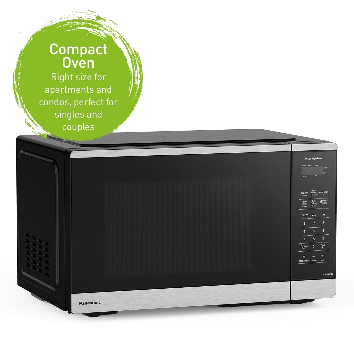 Panasonic NNSB42QSC Compact 900 W High Power Microwave Oven, 7 Auto Cook Menus, 0.9 cft. Interior Capacity, Child Lock, Stainless Steel, Black Panasonic