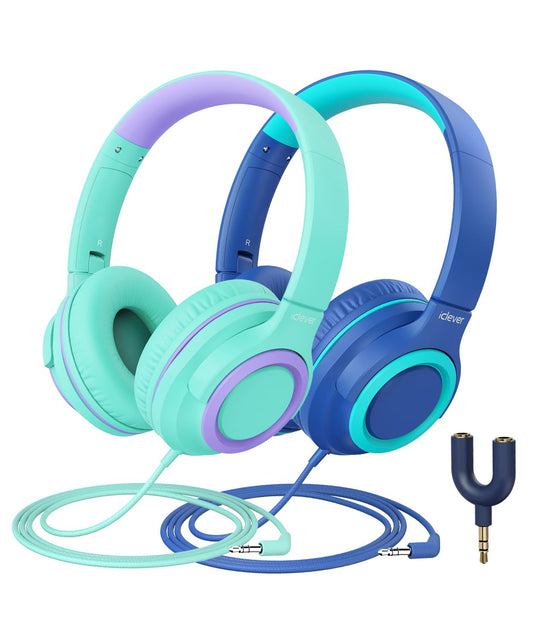 iClever 2Pack Kids Headphones with Sharing Splitter - 85dBA Safe Volume Limited - HS22 Wired Headphones for Kids Teens, Tangle-Free 3.5mm Jack Foldable Stereo Headphone for School/Tablet/Travel