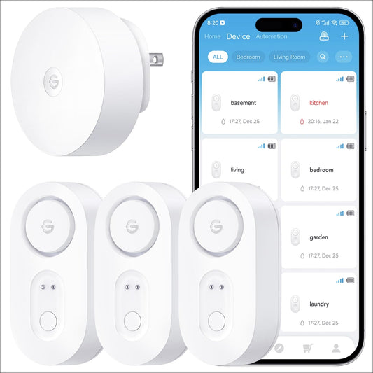 GoveeLife Upgraded smart Water Leak Detector 1s with 1804ft Ultra-Long Range, WiFi Water Sensor with SMS/Email/APP Push and Sound Alarm, 5-Year Battery Life, 3 Pack, Suit for Home, Basement, Kitchen