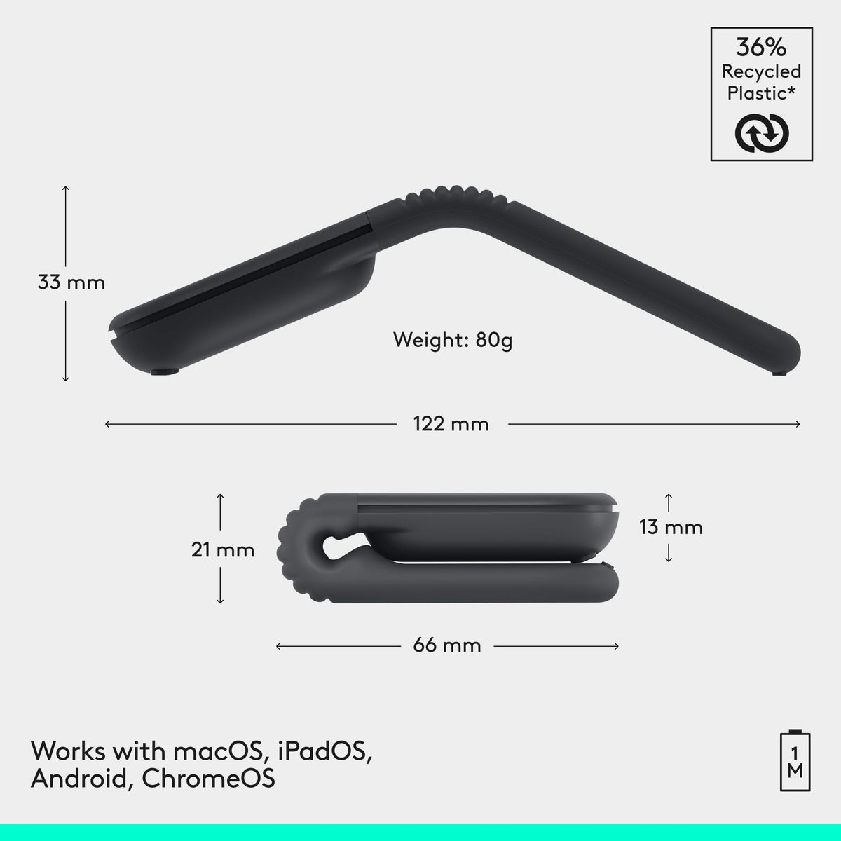 Logitech Mobi Fold Foldable Wireless Mouse with Quiet Click, Graphite