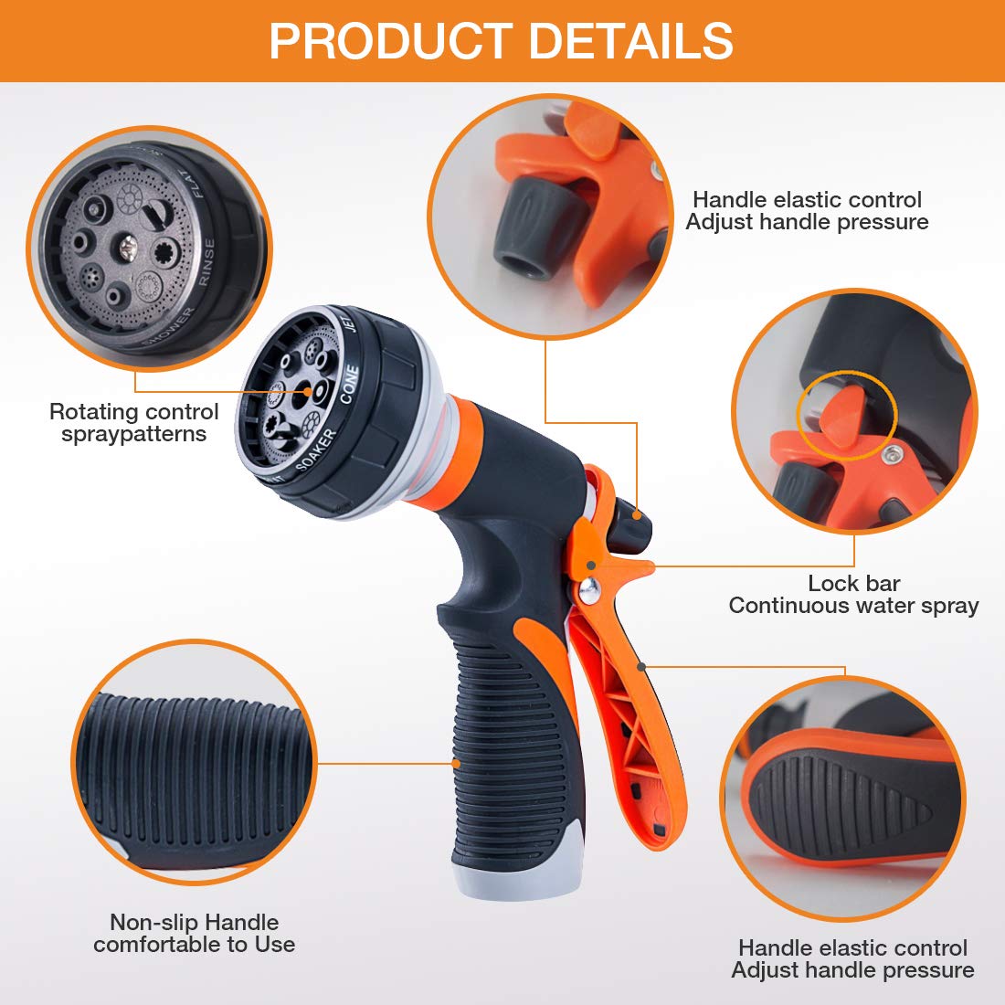 Forthcan Garden Hose Nozzle - 2 Pack Hand Sprayer With 8 Patterns for Watering, Car Wash, Cleaning and Showering Dogs & Pets (Orange)