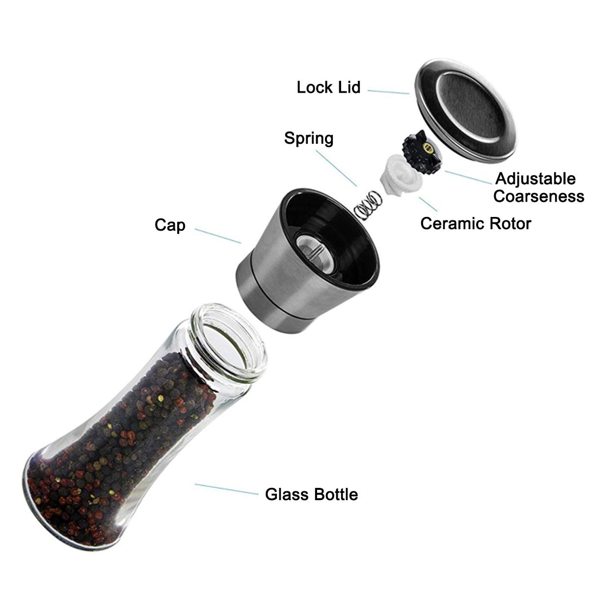 Pepper Grinder or Salt Grinder, Best Spice Mill with Ceramic Blades, Adjustable Coarseness, Brushed Stainless Steel Cap, and Refillable Tall Glass Body with 6OZ Capacity (7.5") - Available at All In One Marketplace Canada