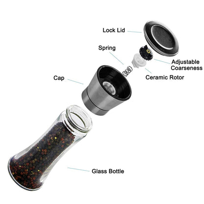 Pepper Grinder or Salt Grinder, Best Spice Mill with Ceramic Blades, Adjustable Coarseness, Brushed Stainless Steel Cap, and Refillable Tall Glass Body with 6OZ Capacity (7.5") - Available at All In One Marketplace Canada