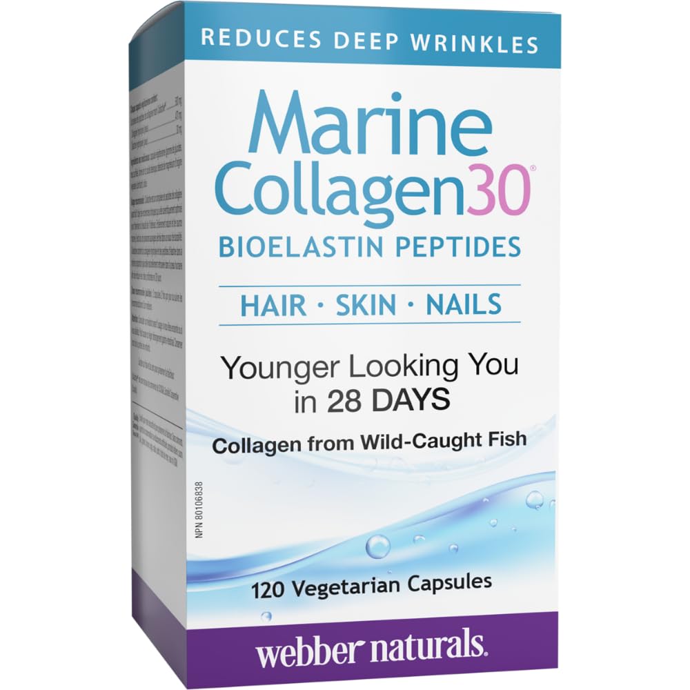 Webber Naturals Collagen30 Marine Bioelastin Peptides, 500 mg of Collactive Marine Collagen Peptide Complex Per Pill, 120 Capsules, Helps Reduce Deep Wrinkles and Joint Pain - Available at All In One Marketplace Canada