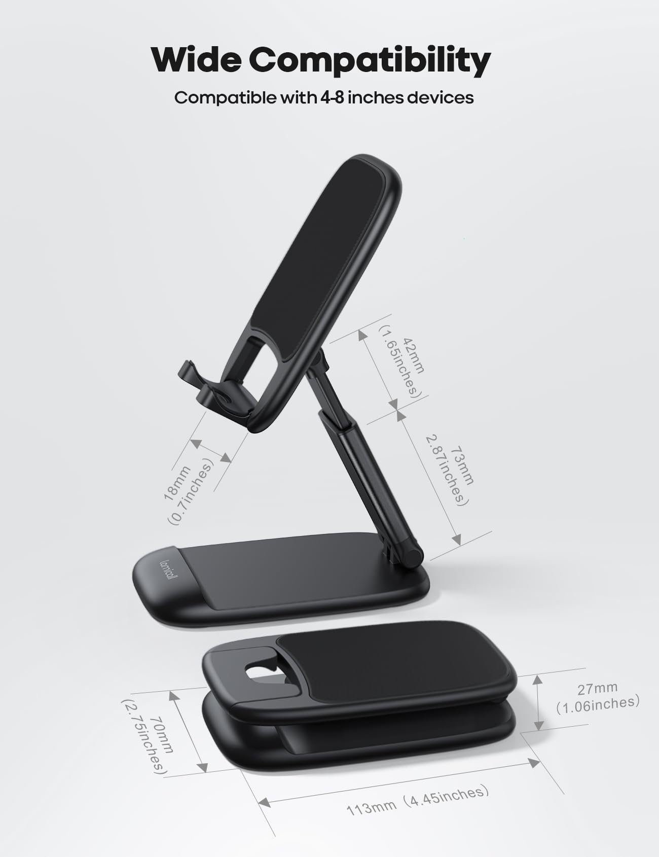 Lamicall Foldable Phone Stand for Desk - Height Adjustable Cell Phone Holder Portable Cellphone Cradle Desktop Dock Mom Gift Compatible with iPhone 14 15 16 17 Pro Max Plus Air, S24 S25 Ultra, 4-8"