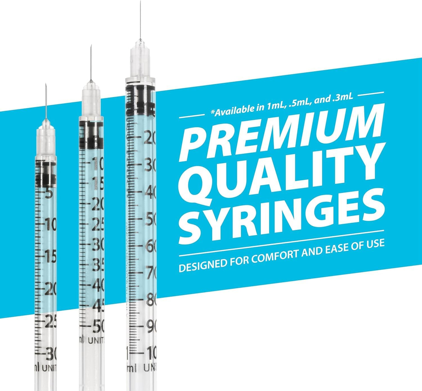 Easy Touch 30 Gauge U-100 Insulin Syringes (30G 0.5cc 1/2”) with 1/2” Long Needle, 0.5cc (50 Unit Capacity), Bold Markings for Accurate Dosing, Disposable, Box of 100