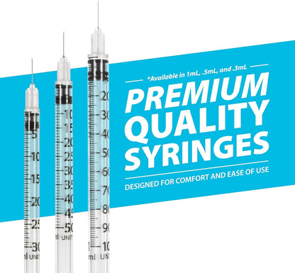 Easy Touch 30 Gauge U-100 Insulin Syringes (30G 0.5cc 1/2”) with 1/2” Long Needle, 0.5cc (50 Unit Capacity), Bold Markings for Accurate Dosing, Disposable, Box of 100