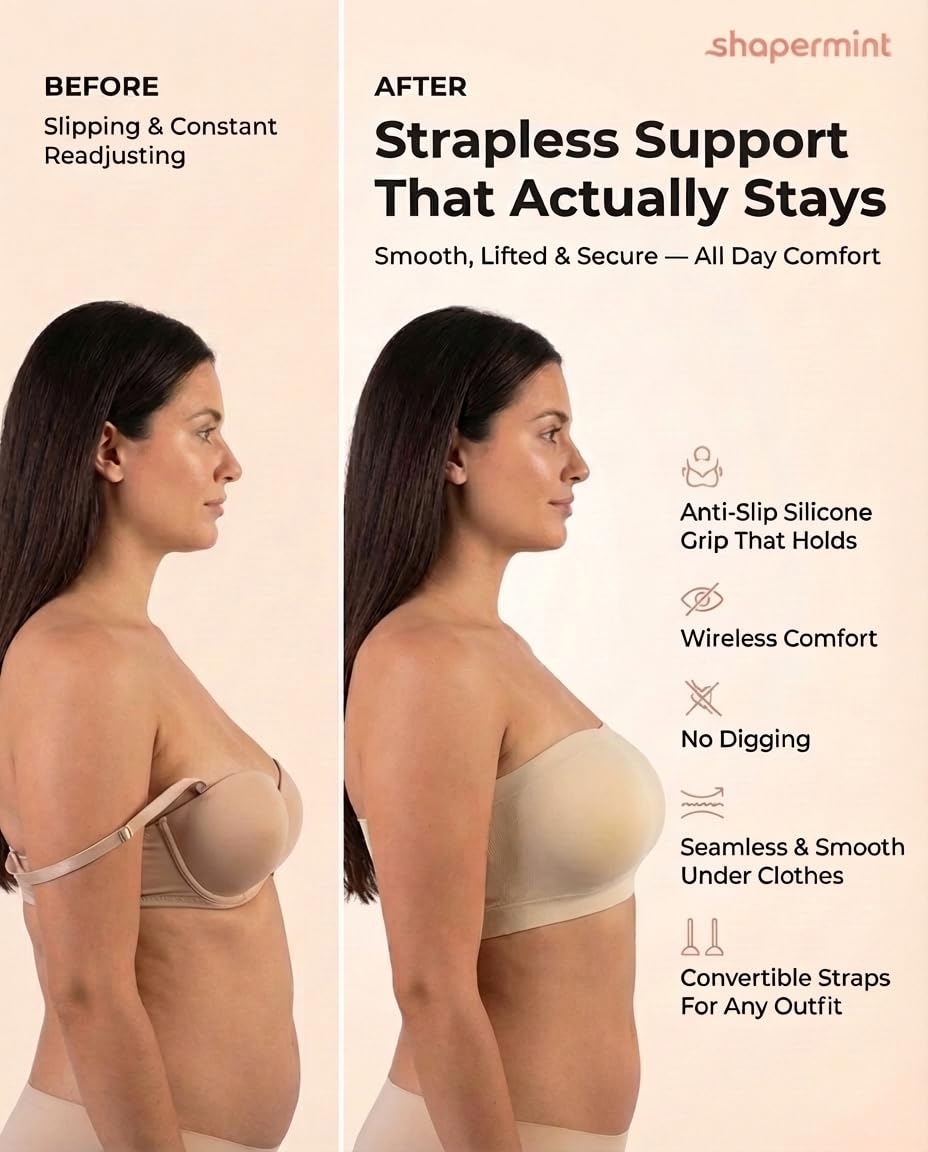 SHAPERMINT Convertible Strapless Bras for Women - Compression Wireless Bandeau Bra Top Beige