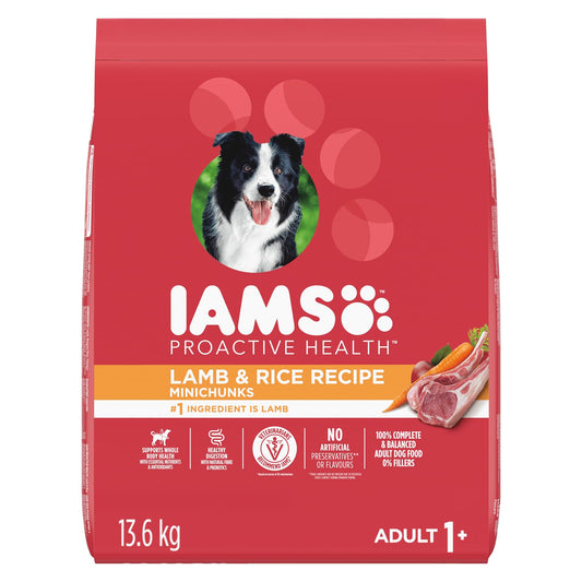 IAMS Proactive Health Minichunks Dry Dog Food – Crunchy Kibble For Adult Dogs – Lamb & Rice Recipe – 13.6KG (30LB) Bag - Available at All In One Marketplace Canada