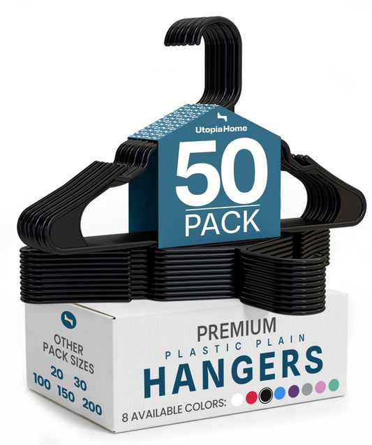 Utopia Home Plastic Hangers, 50 Pack, Clothes Hangers with Shoulder Grooves, Durable Space Saving Coat Hanger for Shirts, Pants, Skirts, Jackets, Blouses, Dresses and Everyday Wardrobe Use (Black)