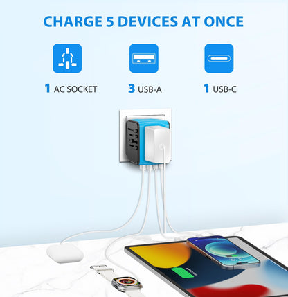 Universal International Travel Power Adapter, All in One Wall Charger with High Speed 2.4A 3xUSB, 3.0A Type-C, European Adapter, Worldwide AC Outlet Plugs for UK, EU, AU & Asia (Blue) - Available at All In One Marketplace Canada