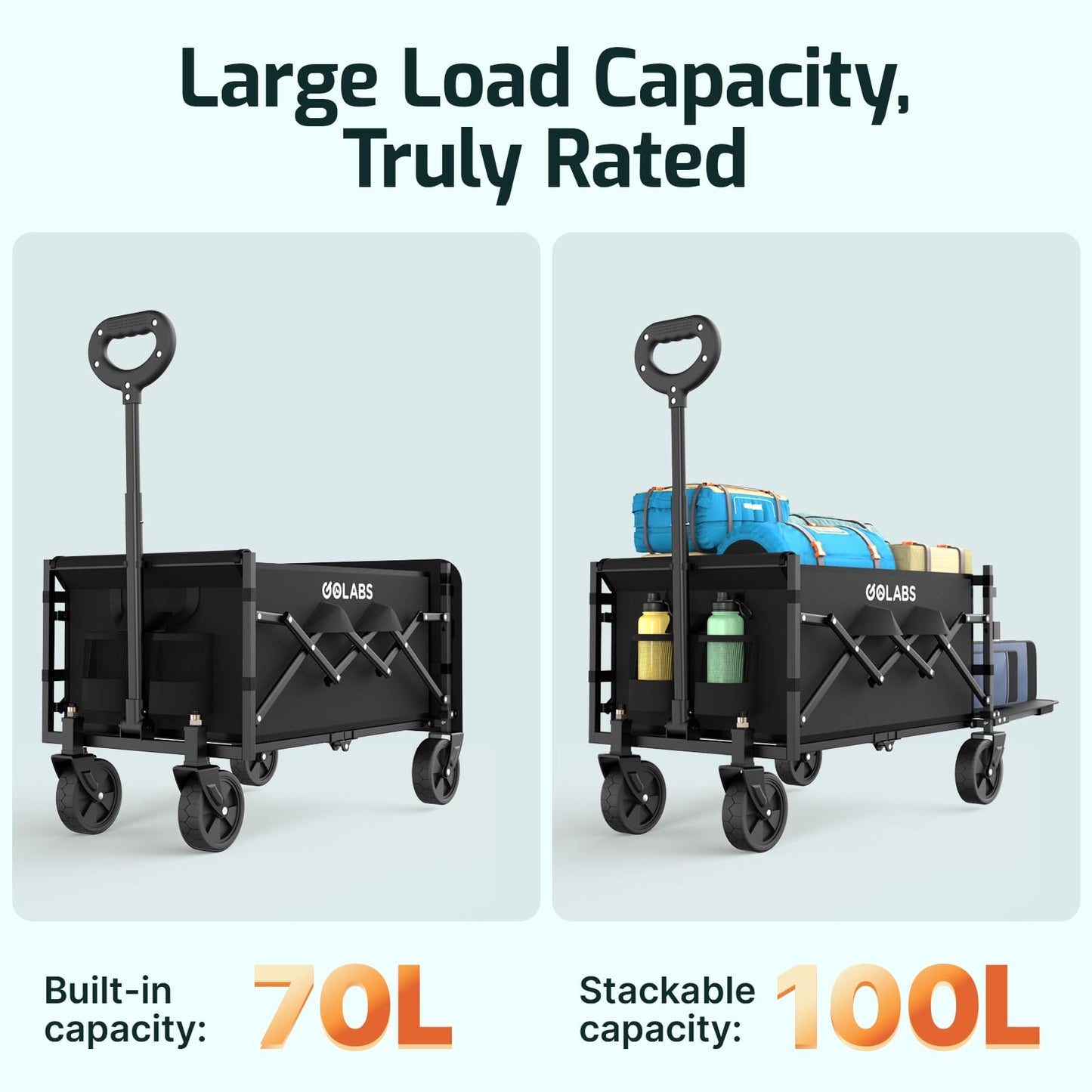 Golabs Collapsible Wagon Cart Max 350lb Load & Expandable Storage 100L, Double Bearing Design for Flexible Steering, Foldable Heavy Duty Garden Cart with 2 Cup Holders for Groceries, Garden & Camping - Available at All In One Marketplace Canada