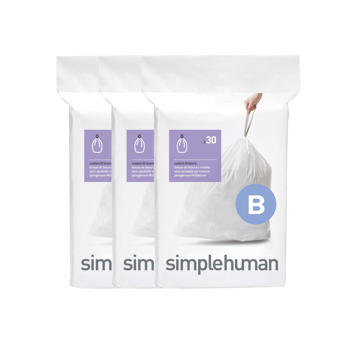 simplehuman Code B 90 Count, Dispenser Pack Custom Fit Liners, Drawstring Trash Bags, 6L / 1.6 Gallons, White simplehuman
