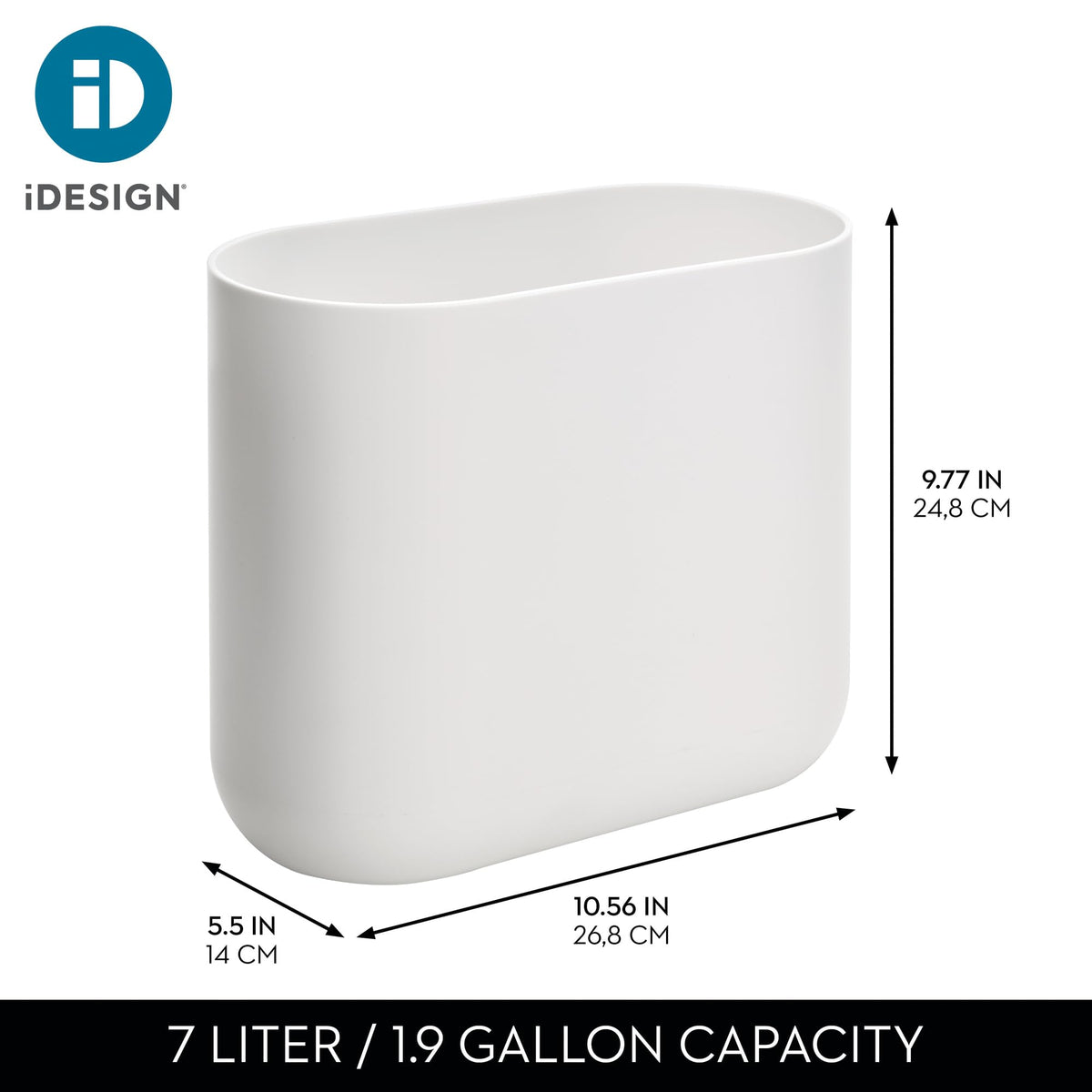 iDesign Cade Oval Slim Trash Can, Compact Waste Basket Garbage Can for Bathroom, Bedroom, Home Office, Dorm, College - Matte White/Gray