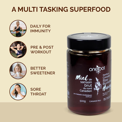 ONEROOT Canadian Raw Buckwheat Honey | Northern Ontario Harvest | Unpasteurized & Pure - Rich Antioxidant Content Exceeds Manuka | Certified Kosher (500g)