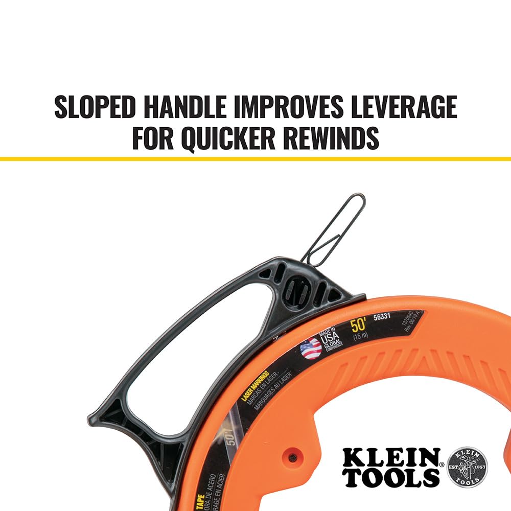 Klein Tools 56331 50-Foot Electrical Fish Tape, Steel Wire Puller with Double Loop Tip, Optimized Housing and Handle, 1/8-Inch,Orange/Black KLEIN TOOLS