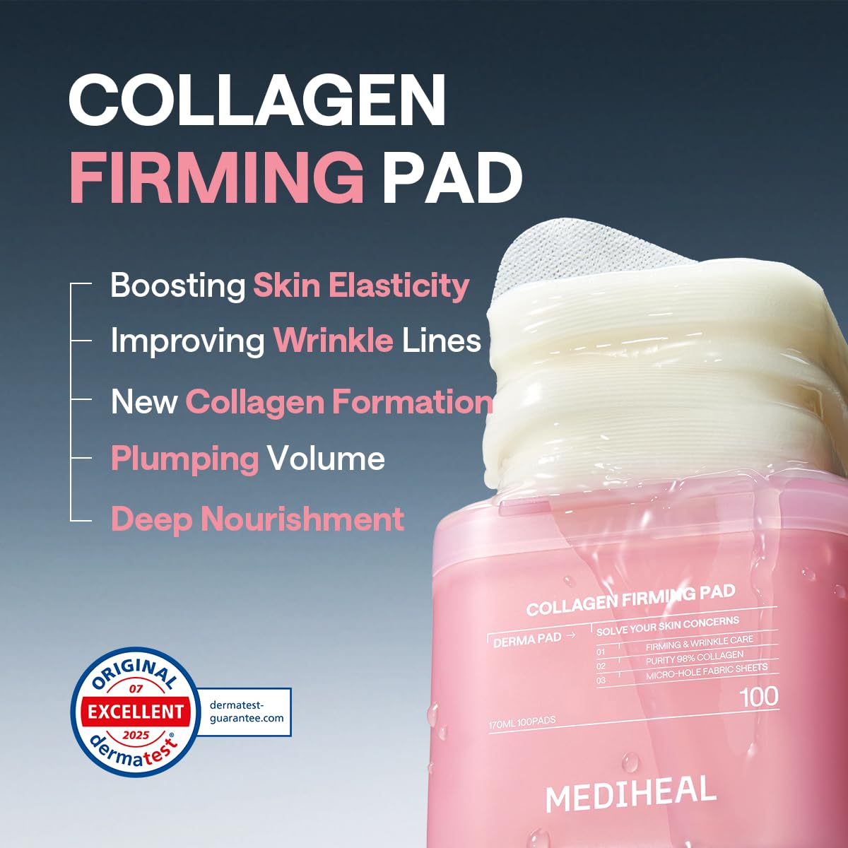MEDIHEAL Collagen Firming Toner Pad – Korean Skincare, 98% Vegan Collagen with Retinol & 7 Peptides, Firming, Plumping & Wrinkle Care, Micro-Hole Fabric, 100 Pads