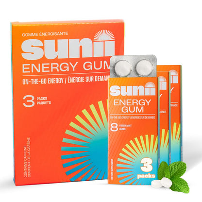 Sunii Nootropic Energy Gum - Quick Boost Energy & Focus - 100mg Caffeine Gum, Fresh Mint Taste - Vitamins B6 & B5, Taurine, Vegan, No Sugar, 5 Calorie, Faster than Chews, Drinks, Gels & Pills (24pcs)