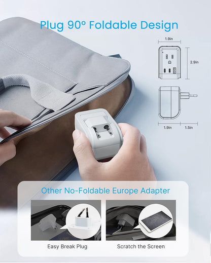 1 Pack European Travel Plug Adapter, VINTAR Foldable International Power Plug with 2 AC Outlets 3 USB Ports(2 USB C), Type C Travel Essentials Charger for Canada to Most of Europe Italy Spain France - Available at All In One Marketplace Canada