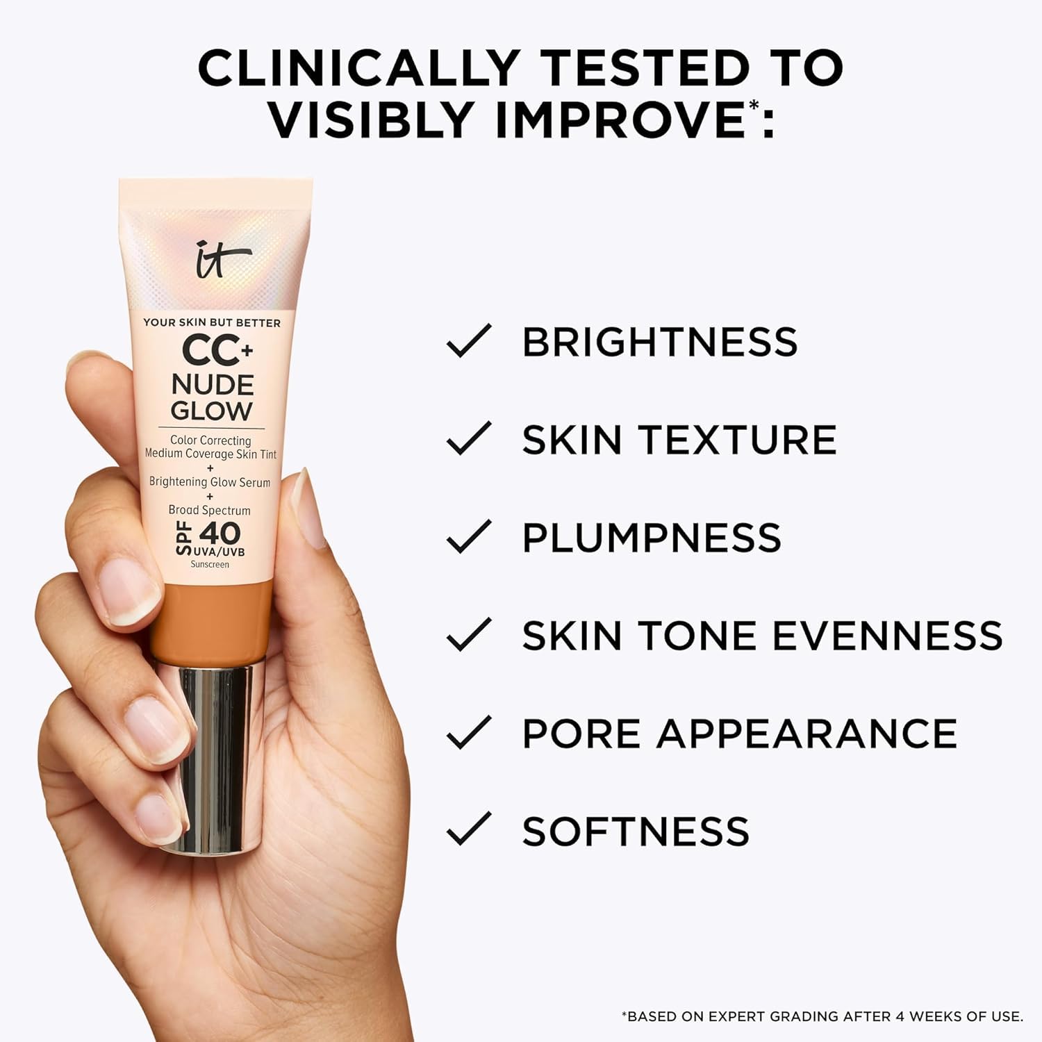 IT Cosmetics CC+ Nude Glow Lightweight Foundation + Glow Serum with SPF 40 - With Niacinamide, Hyaluronic Acid & Green Tea Extract - Light - 1.08 fl oz IT Cosmetics