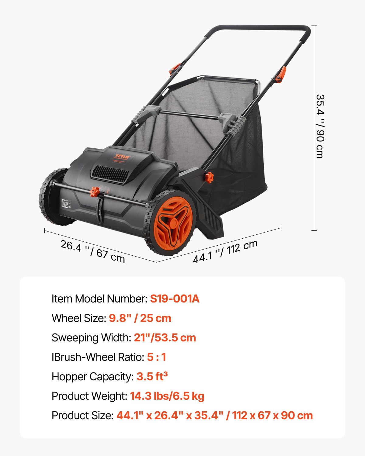 VEVOR Push Lawn Sweeper, 21-inch Leaf & Grass Collector, Strong Wheels & Heavy Duty Thickened Steel Durable to Use with Large Capacity 3.5 cu. ft. Mesh Collection Hopper Bag, 2 Spinning Brushes VEVOR
