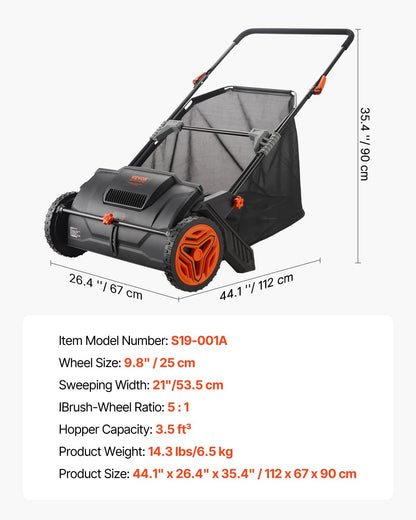 VEVOR Push Lawn Sweeper, 21-inch Leaf & Grass Collector, Strong Wheels & Heavy Duty Thickened Steel Durable to Use with Large Capacity 3.5 cu. ft. Mesh Collection Hopper Bag, 2 Spinning Brushes VEVOR