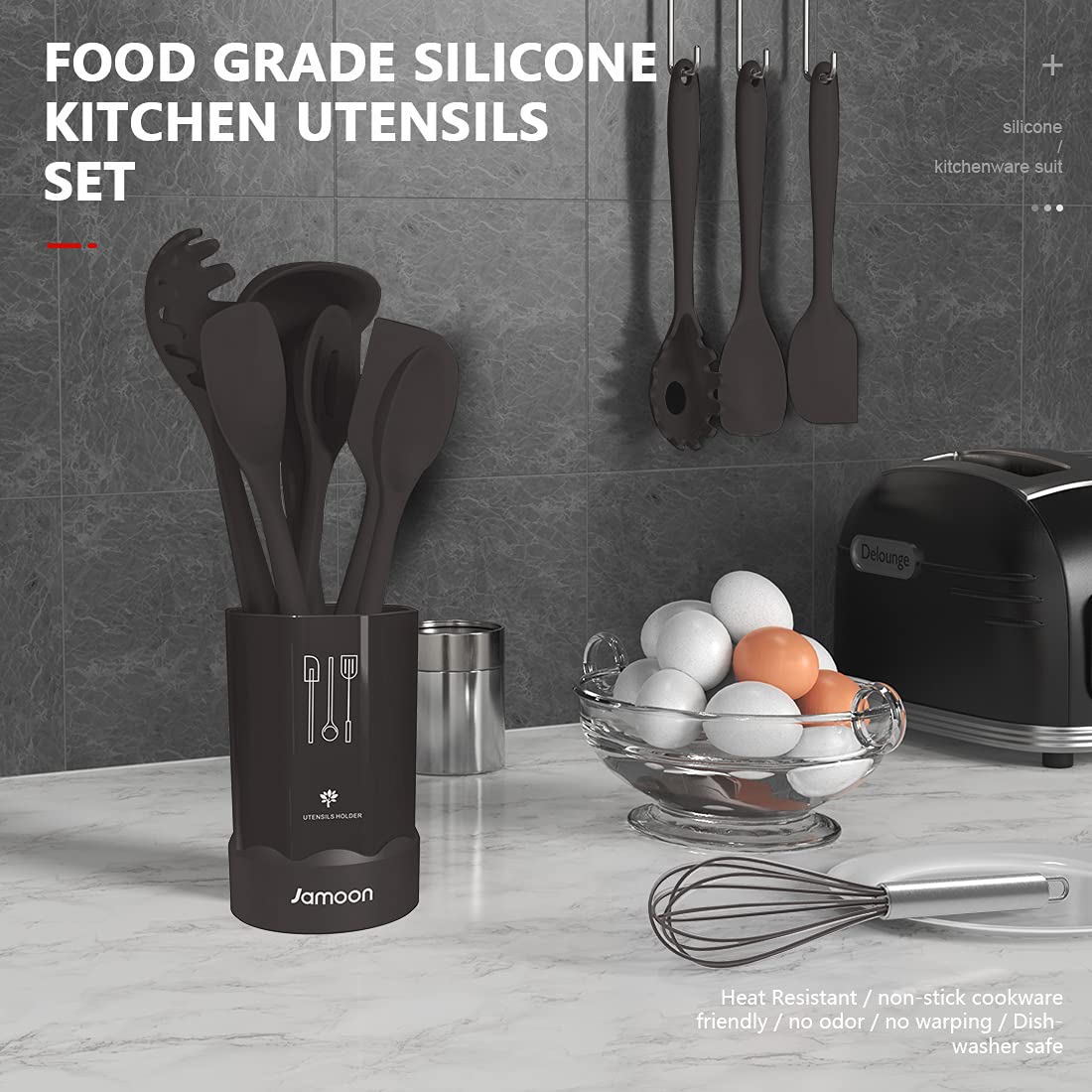 Silicone Cooking Utensils Set - 446°F Heat Resistant Kitchen Utensils,Spatula Sets,Turner Tongs,Spoon,Kitchen Utensil Gadgets Tools Set for Nonstick Cookware,Dishwasher Safe BPA Free (Gray)