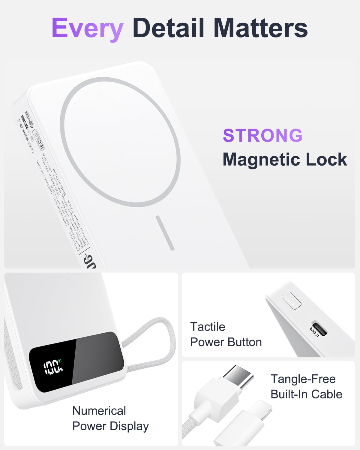 Magnetic Power Bank, 10,000mAh Wireless Portable Charger for Mag-Safe 15W Fast Charging, Battery Pack with USB-C/Lightning Cable 22.5W in/Out for iPhone 17/16/15/14/13/12 Series, AirPods & More - Available at All In One Marketplace Canada