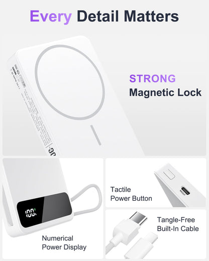 Magnetic Power Bank, 10,000mAh Wireless Portable Charger for Mag-Safe 15W Fast Charging, Battery Pack with USB-C/Lightning Cable 22.5W in/Out for iPhone 17/16/15/14/13/12 Series, AirPods & More - Available at All In One Marketplace Canada